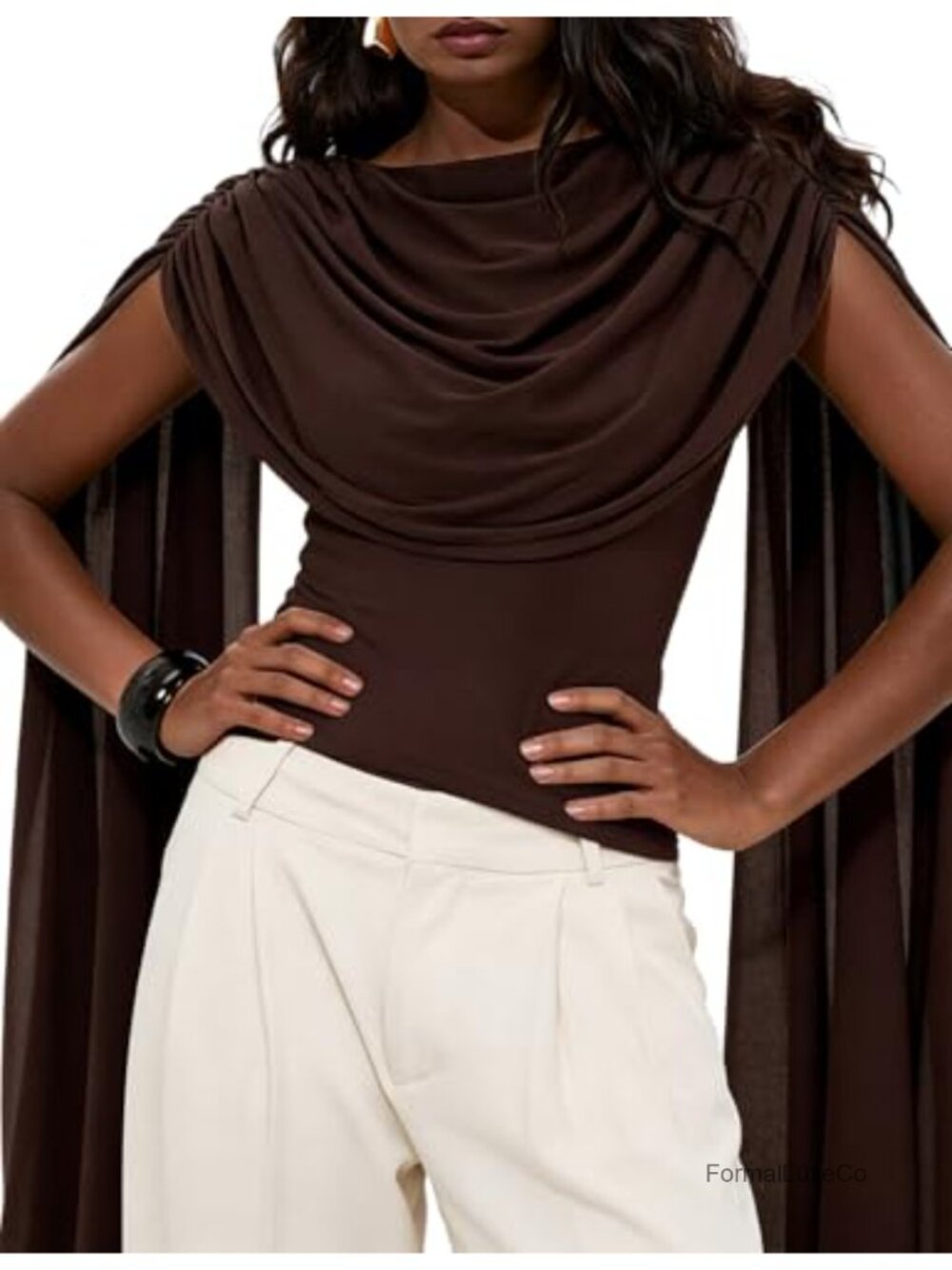 Women's Ruched Asymmetrical Cowl Neck Cap Sleeve Draped Western Top Concert